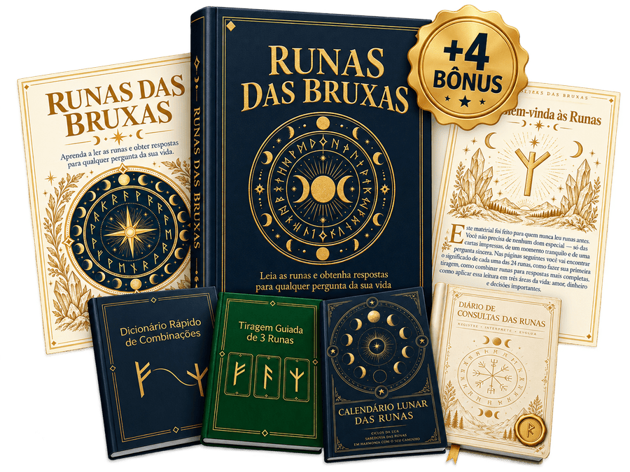 Mockup do guia Runas das Bruxas com os 4 bônus inclusos